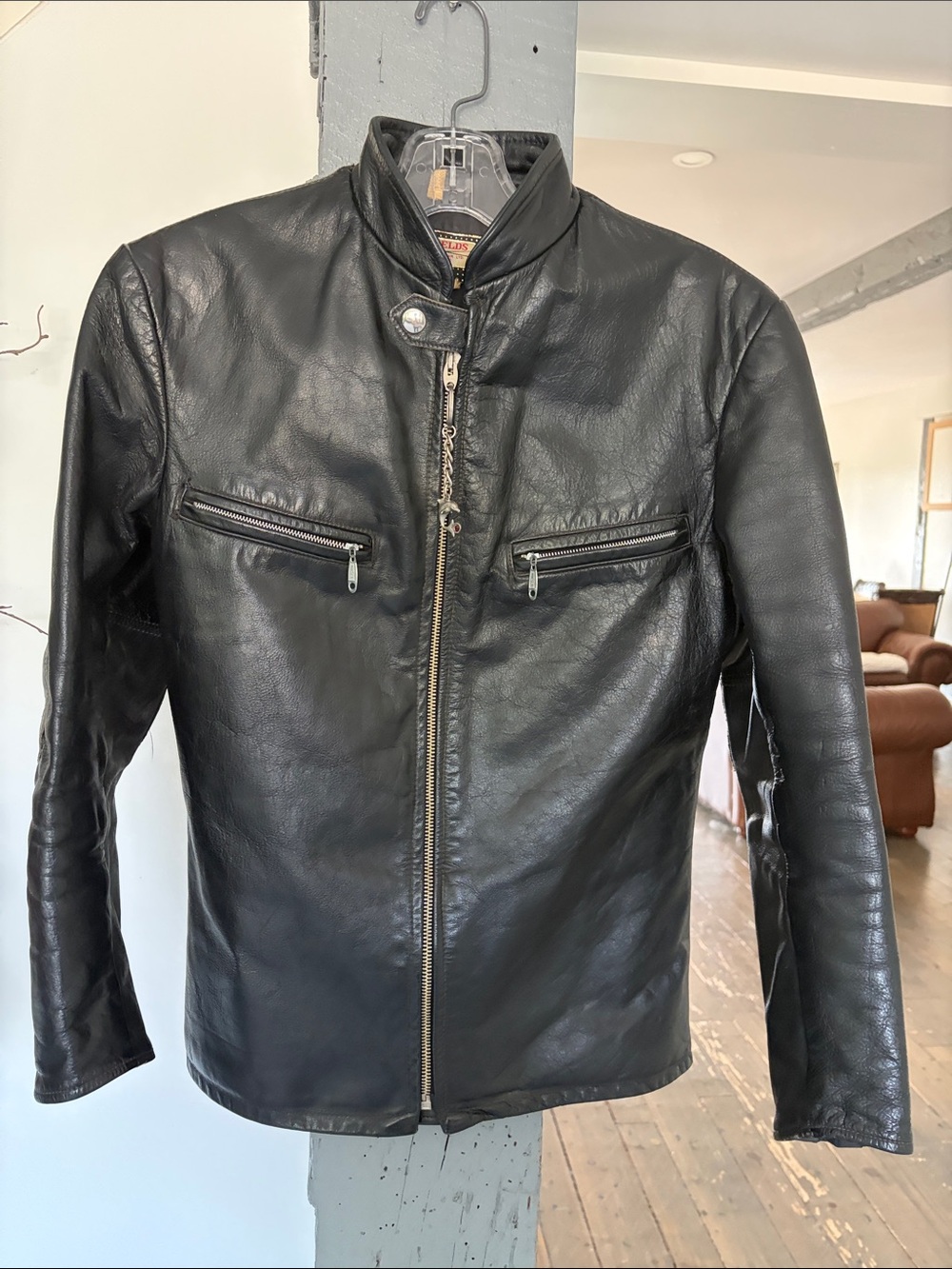 Men's Black Leather Bomber Jacket with Zip Chest Pockets